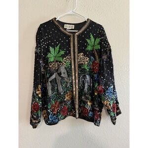 Vtg 1980s Glam Sequin Arabian Desert Night Scene Black Beaded Jacket Together Sz
